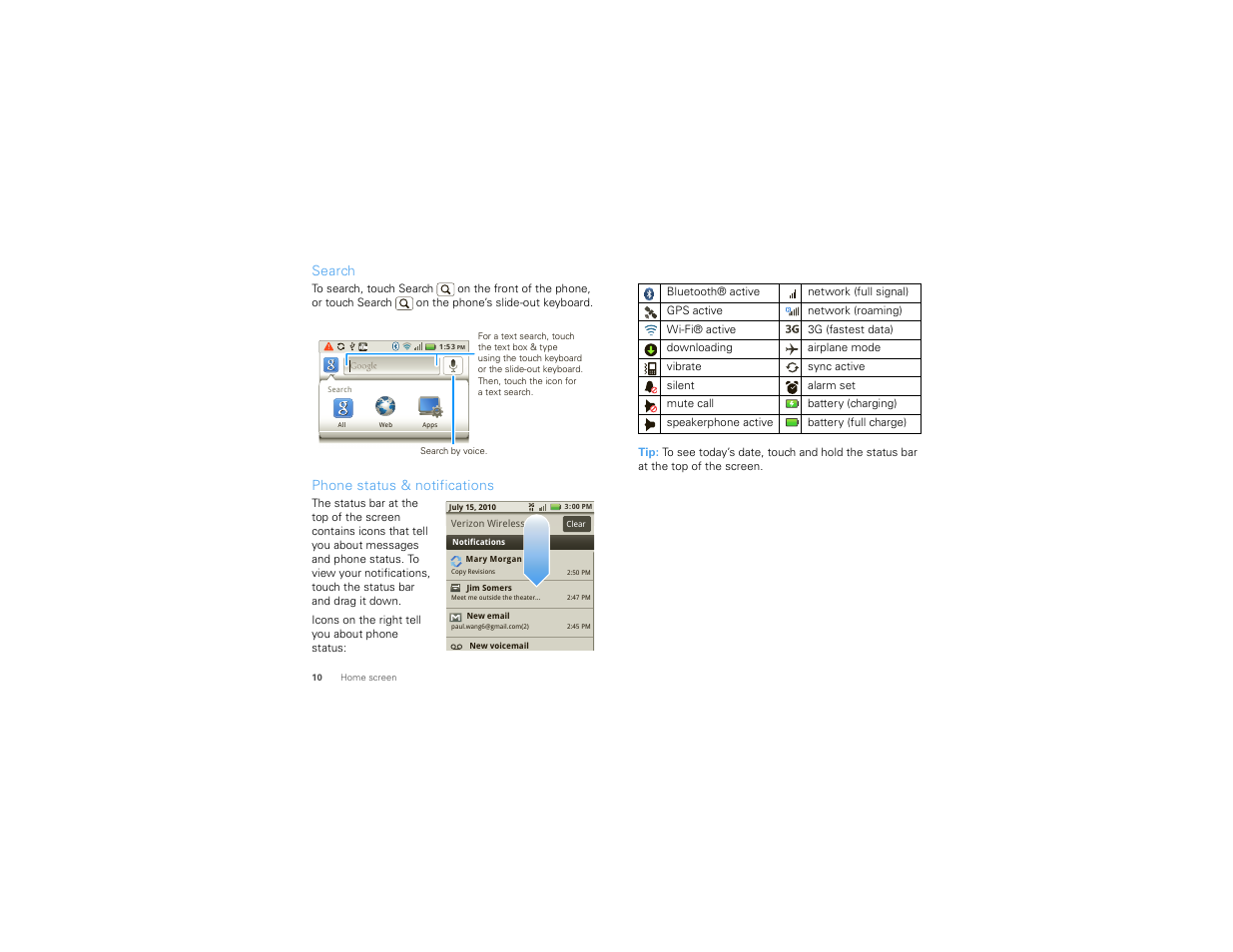 Search, Phone status & notifications | Motorola 68014406001-A User Manual | Page 12 / 70