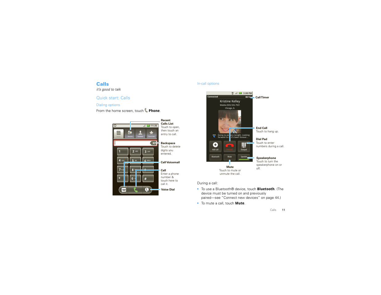 Calls, Quick start: calls | Motorola 68014406001-A User Manual | Page 13 / 70