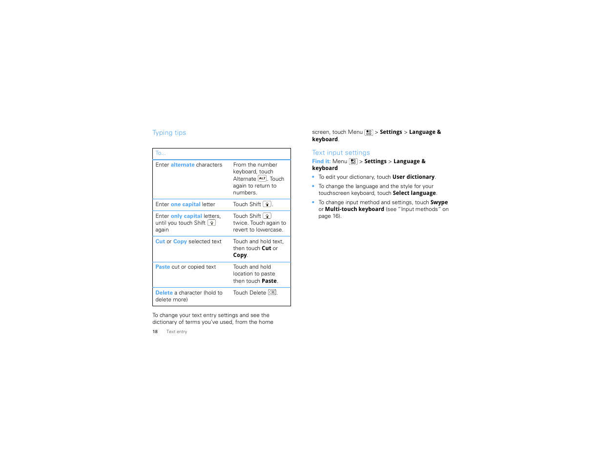 Typing tips, Text input settings | Motorola 68014406001-A User Manual | Page 20 / 70