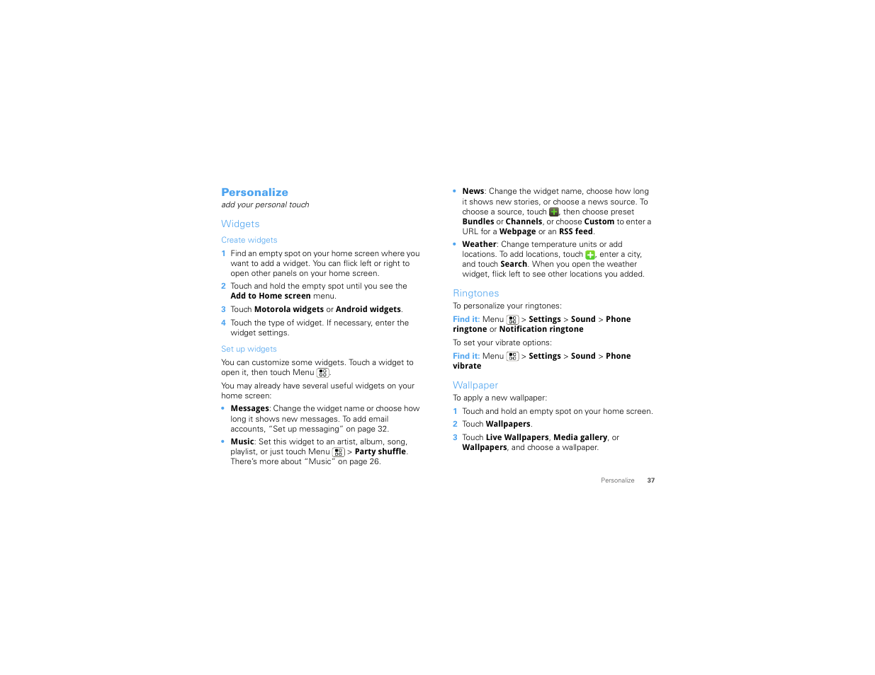 Personalize, Widgets, Ringtones | Wallpaper | Motorola 68014406001-A User Manual | Page 39 / 70