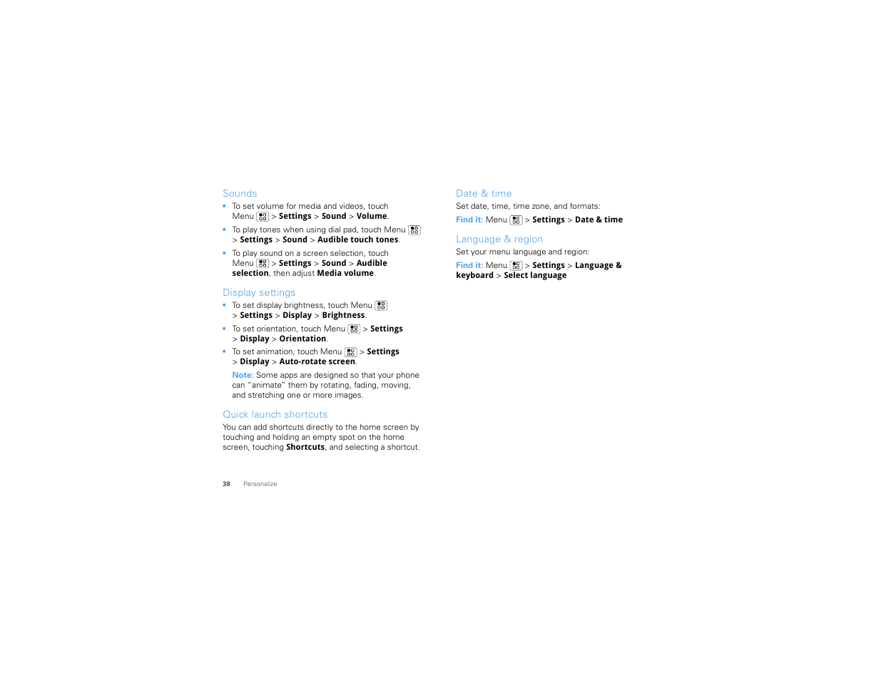 Sounds, Display settings, Quick launch shortcuts | Date & time, Language & region | Motorola 68014406001-A User Manual | Page 40 / 70