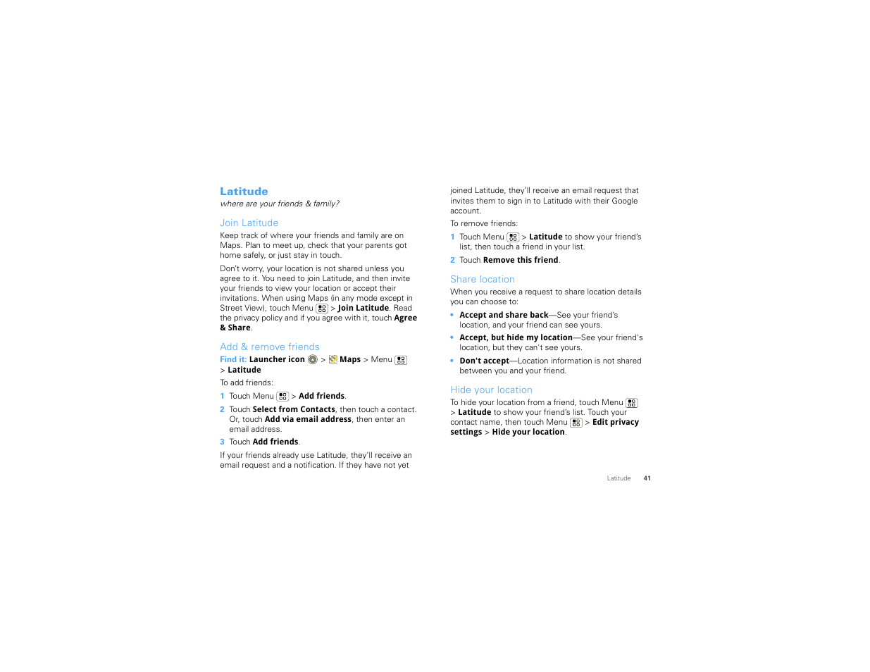Latitude, Join latitude, Add & remove friends | Share location, Hide your location | Motorola 68014406001-A User Manual | Page 43 / 70