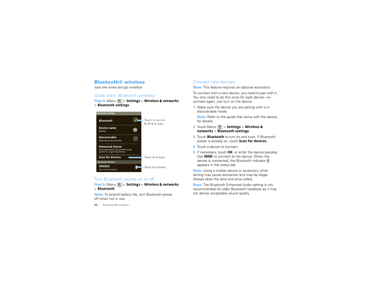 Bluetooth® wireless, Quick start: bluetooth wireless, Turn bluetooth power on or off | Connect new devices | Motorola 68014406001-A User Manual | Page 46 / 70