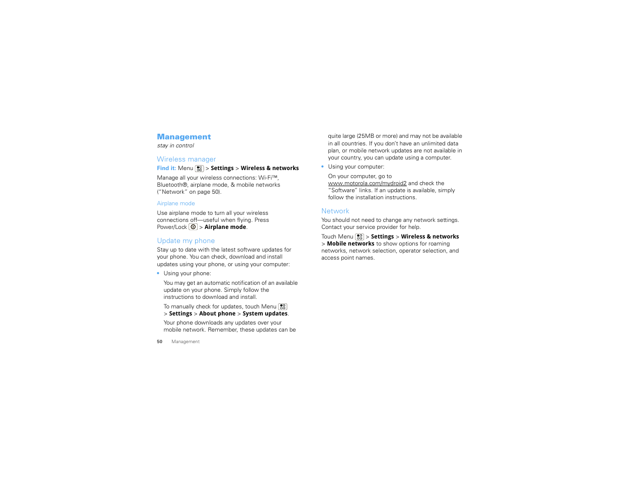 Management, Wireless manager, Update my phone | Network | Motorola 68014406001-A User Manual | Page 52 / 70