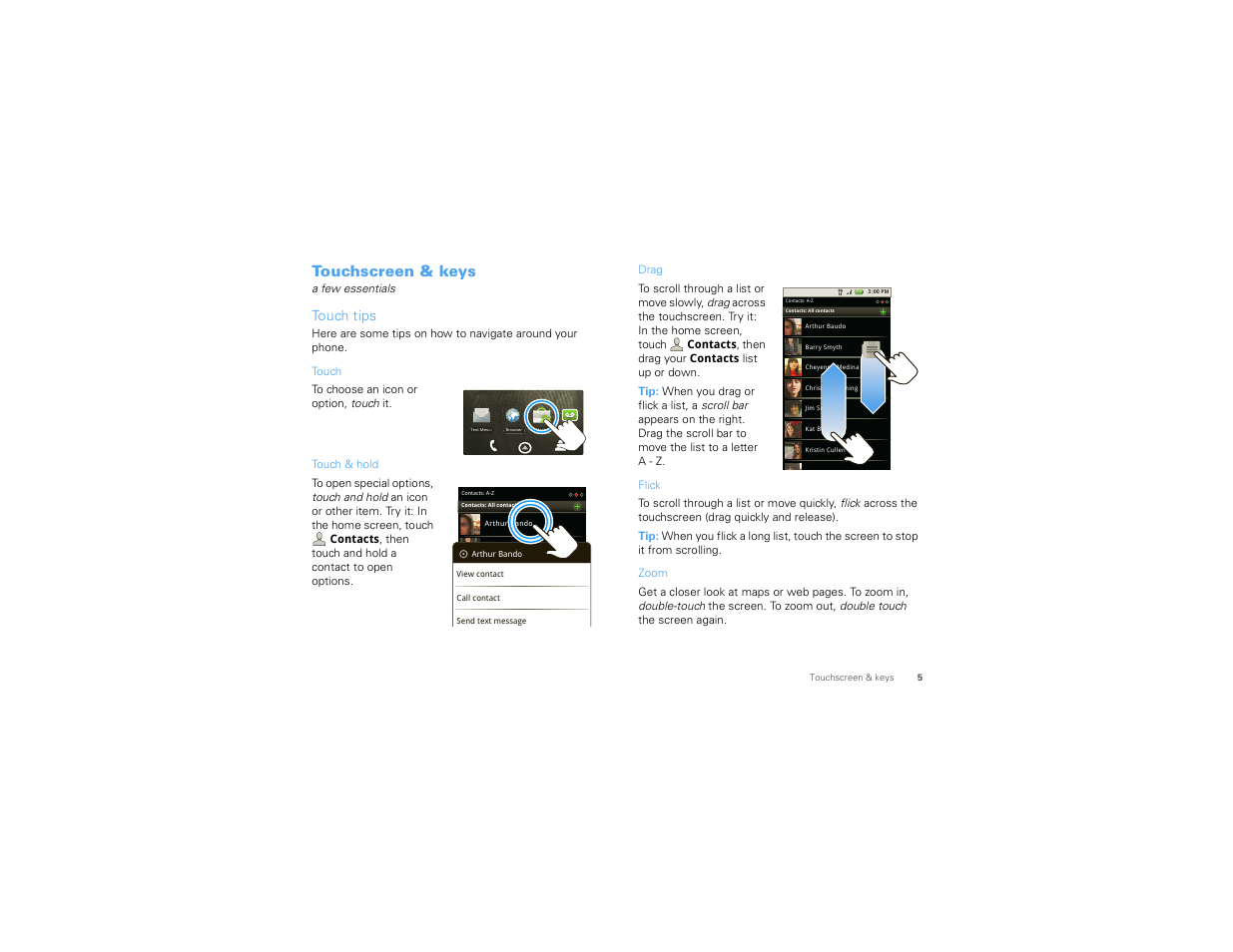 Touchscreen & keys, Touch tips | Motorola 68014406001-A User Manual | Page 7 / 70