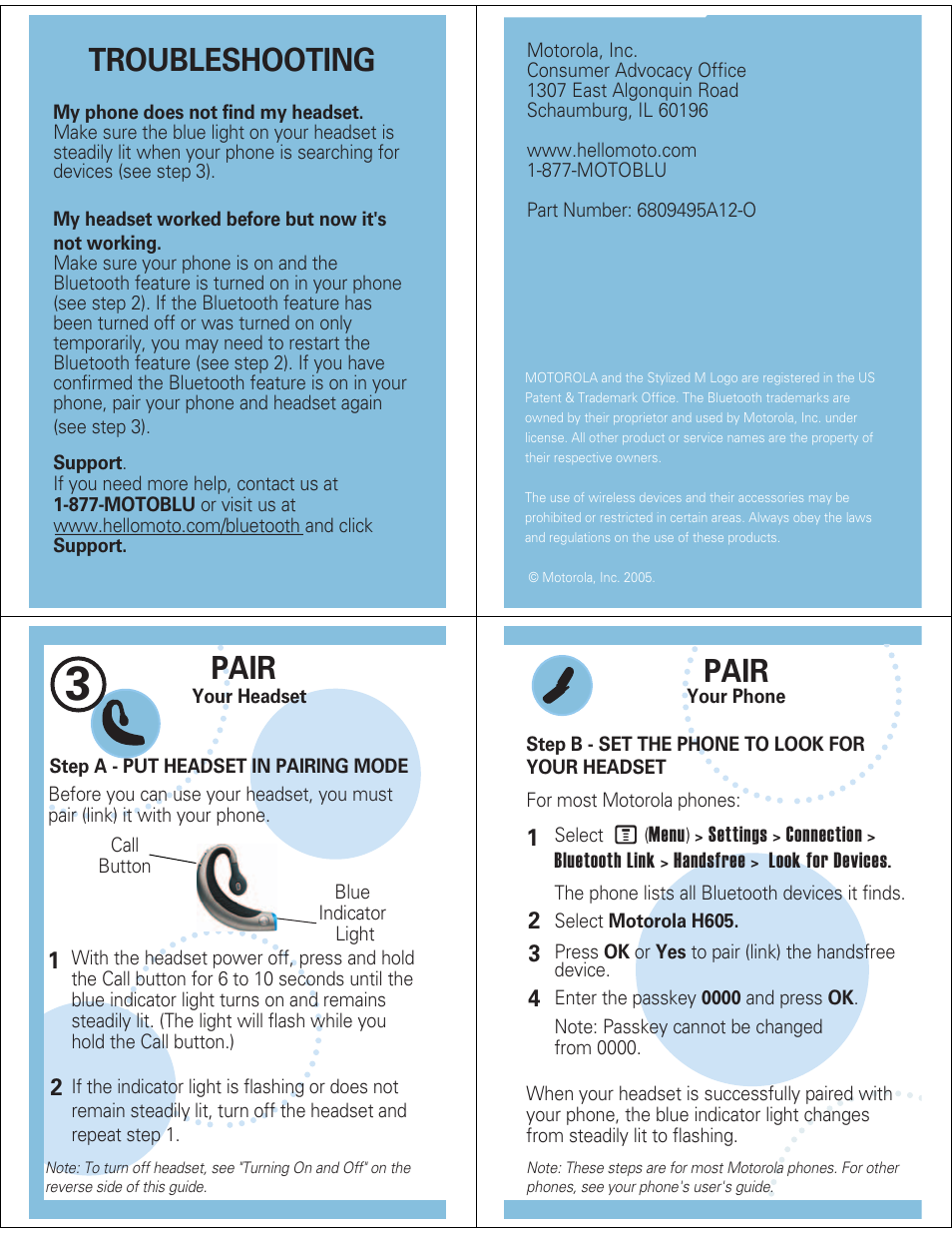 Troubleshooting, Pair | Motorola H605 User Manual | Page 2 / 5