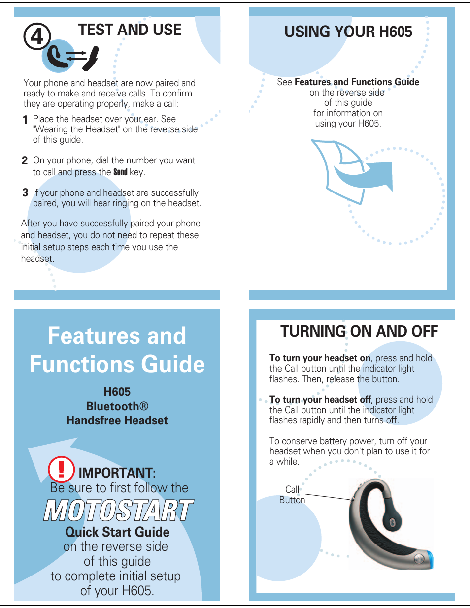 Features and functions guide, Test and use, Using your h605 | Turning on and off | Motorola H605 User Manual | Page 3 / 5