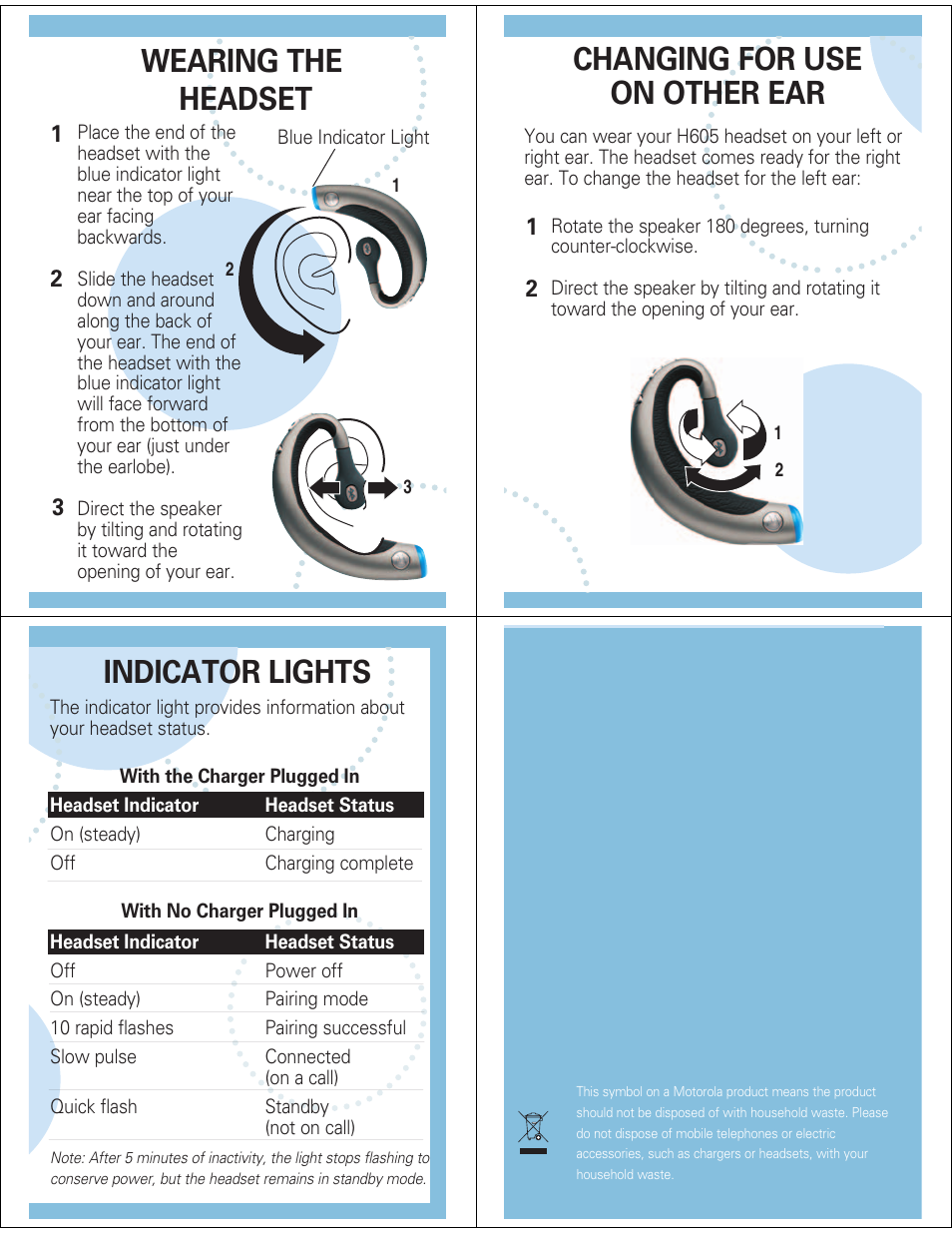 Wearing the headset, Changing for use on other ear, Indicator lights | Motorola H605 User Manual | Page 4 / 5