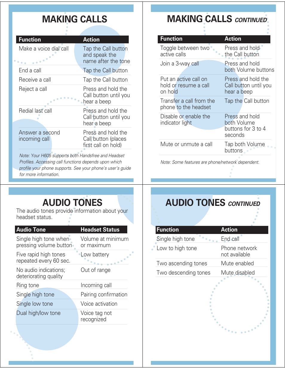 Making calls, Audio tones | Motorola H605 User Manual | Page 5 / 5