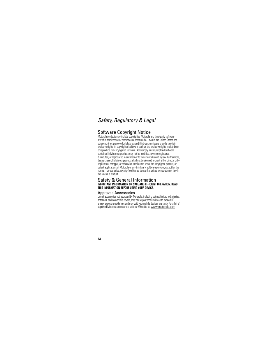 Safety, regulatory & legal, Safety information, Software copyright notice | Safety & general information, Approved accessories | Motorola HK201 User Manual | Page 14 / 84