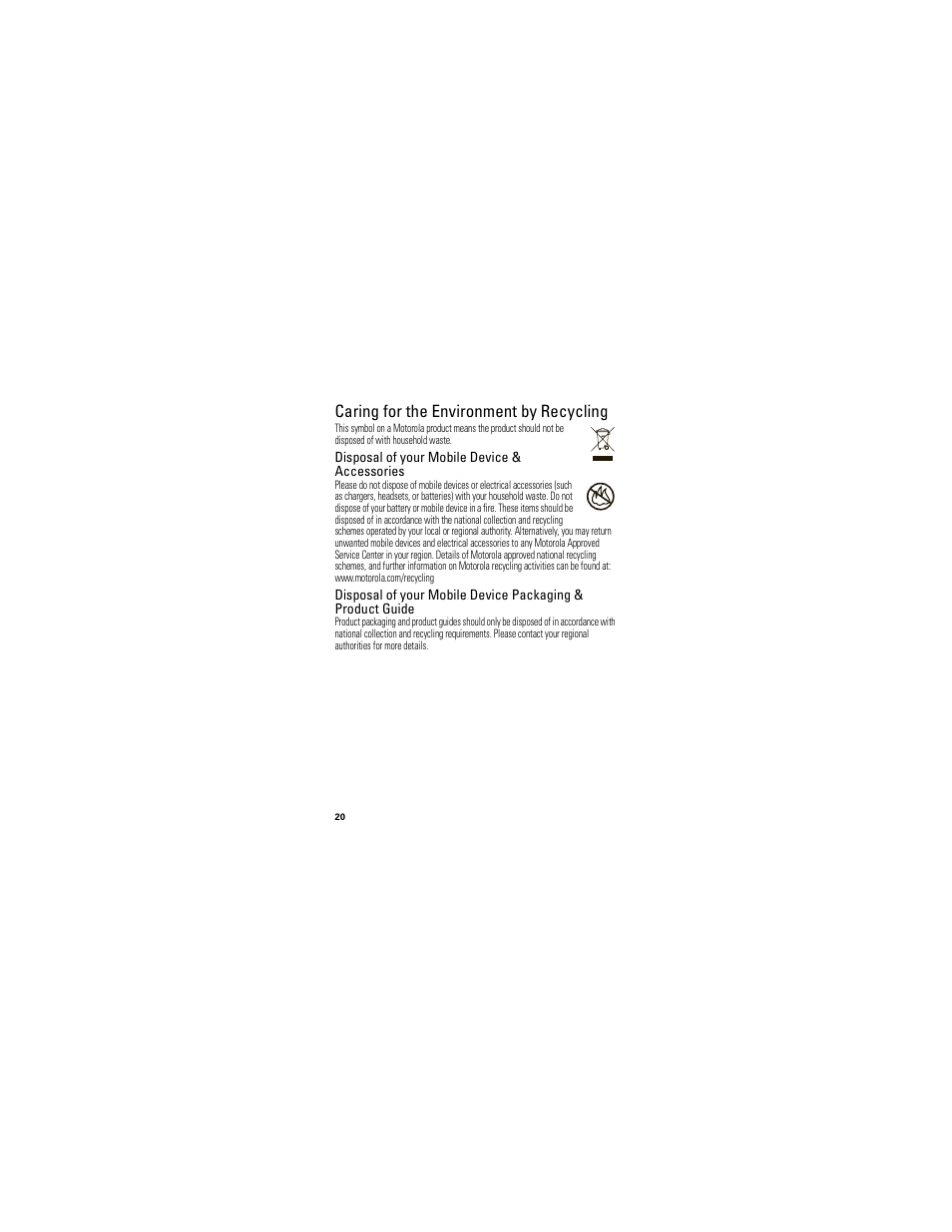 Recycling information, Caring for the environment by recycling | Motorola HK201 User Manual | Page 22 / 84