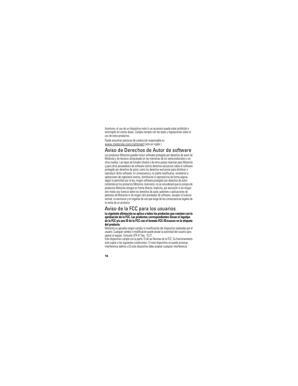 Aviso de derechos de autor de software, Aviso fcc, Aviso de la fcc para los usuarios | Motorola HK201 User Manual | Page 42 / 84