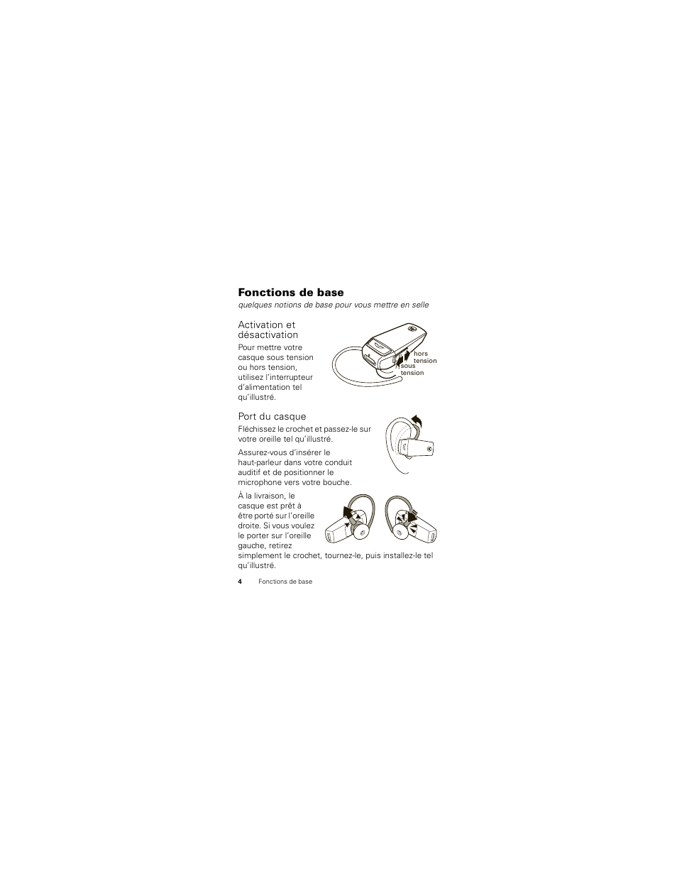 Fonctions de base, Activation et désactivation, Port du casque | Motorola HK201 User Manual | Page 58 / 84