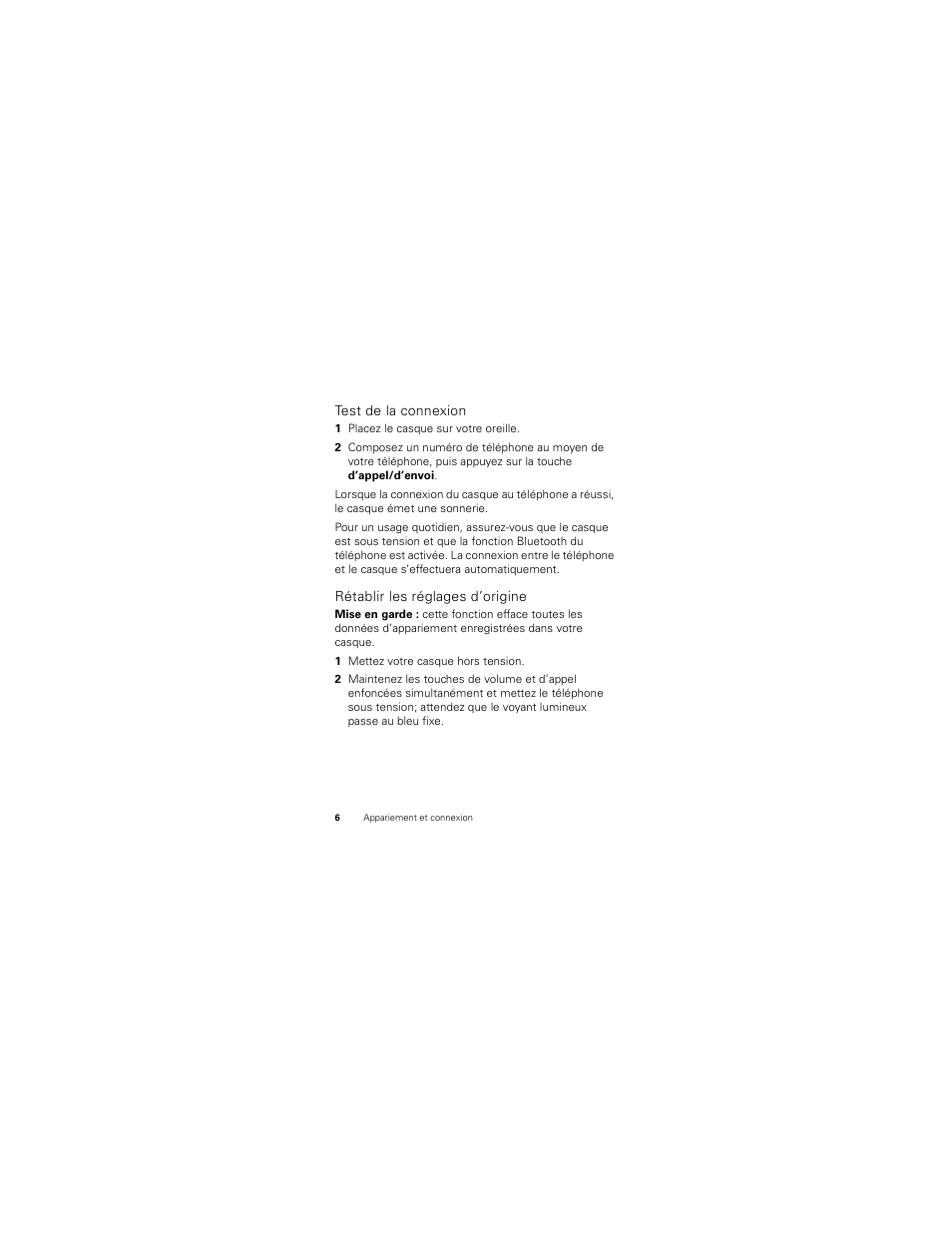 Test de la connexion, Rétablir les réglages d’origine | Motorola HK201 User Manual | Page 60 / 84