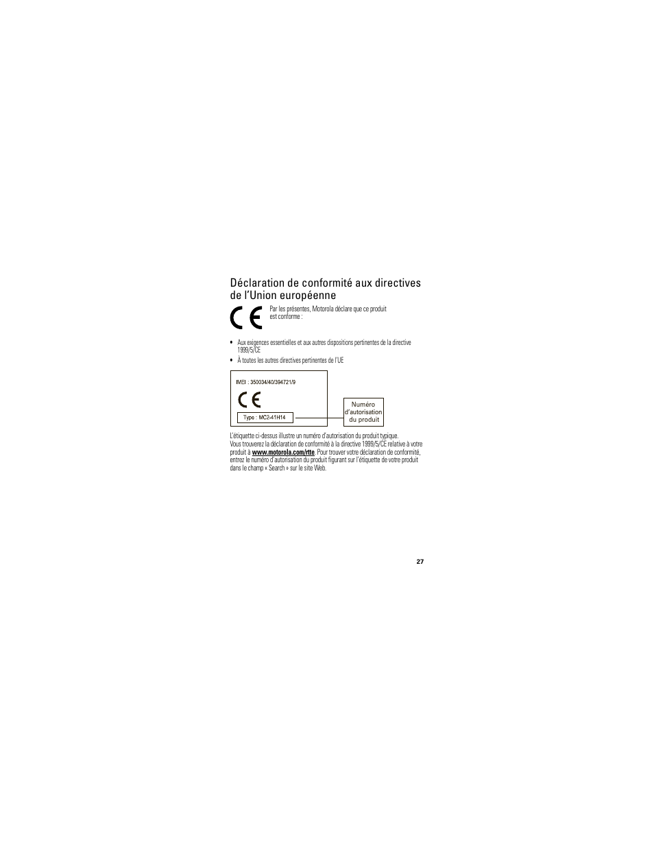 Conformité aux directives de l’union européenne | Motorola HK201 User Manual | Page 81 / 84