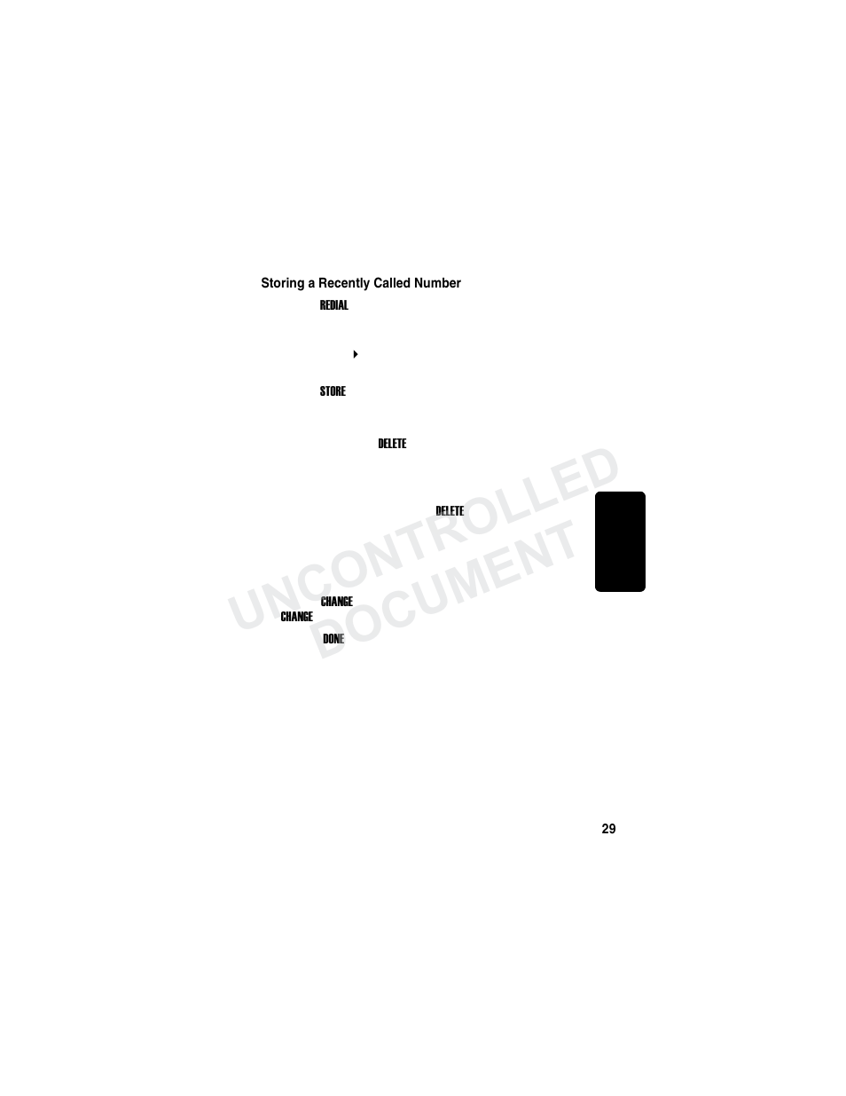 Storing a recently called number, Re m in a r y, Uncontrolled document | Motorola MD780 Series User Manual | Page 44 / 71