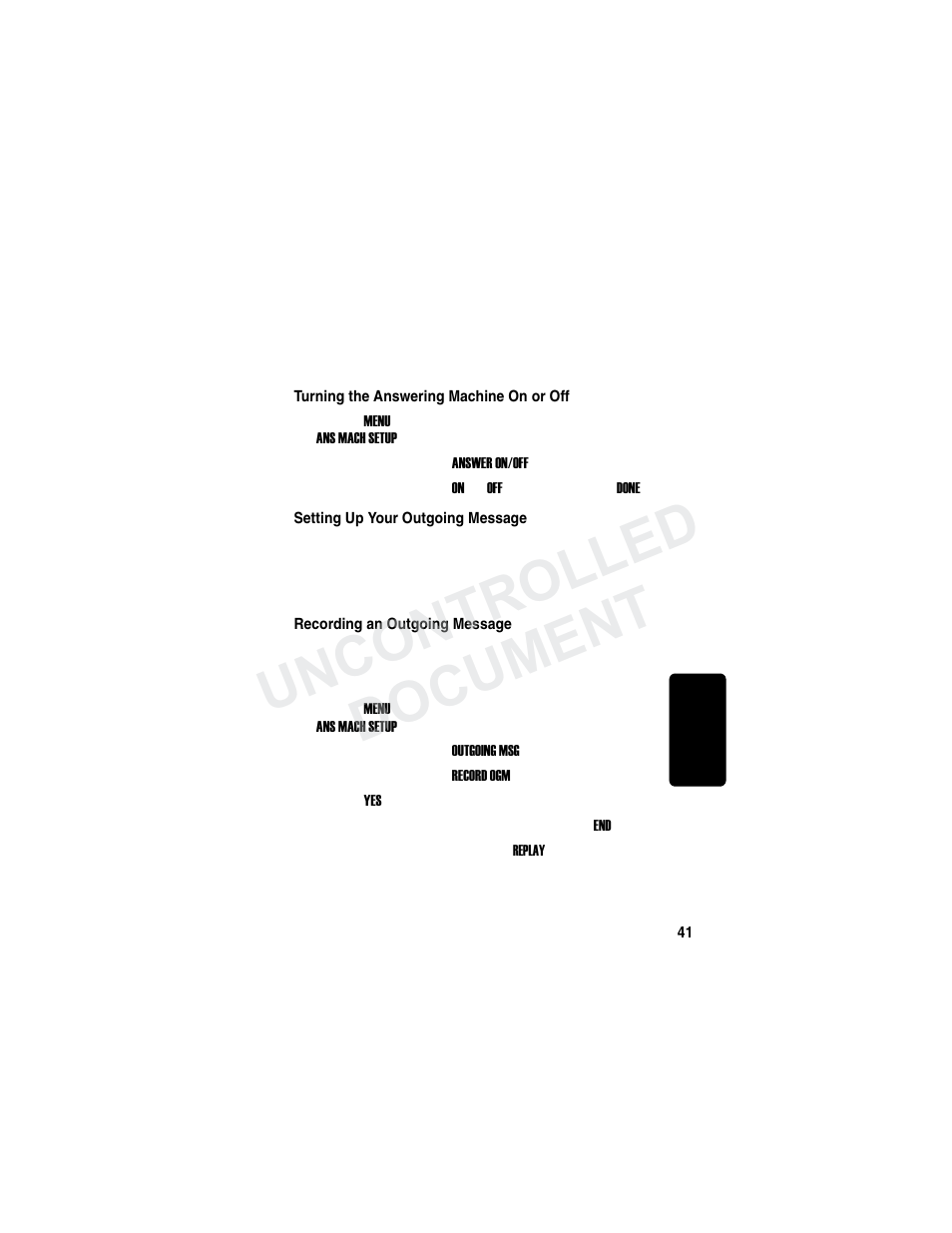 Setting up the answering machine, Turning the answering machine on or off, Setting up your outgoing message | Recording an outgoing message, Uncontrolled document | Motorola MD780 Series User Manual | Page 56 / 71