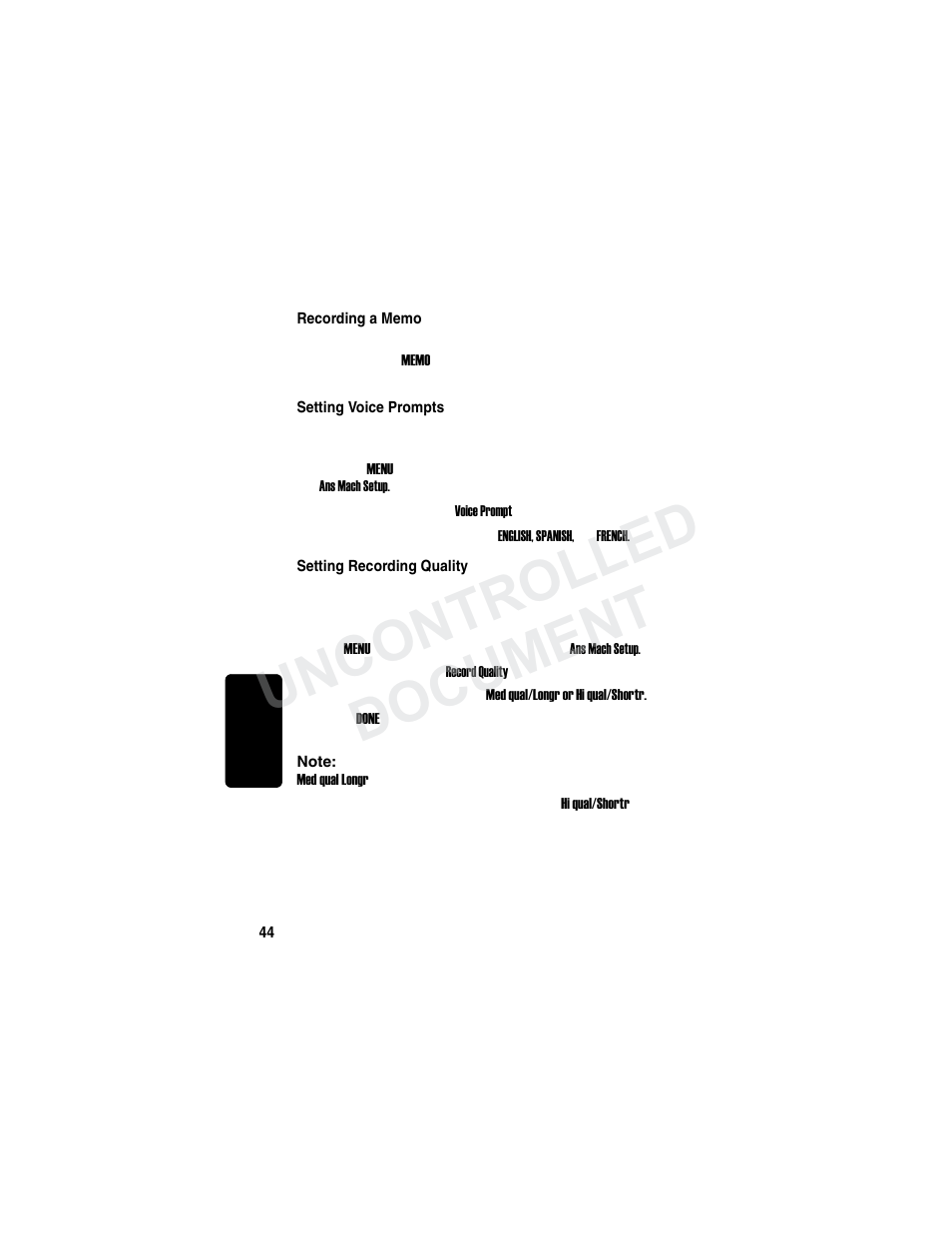 Recording a memo, Setting voice prompts, Setting recording quality | Uncontrolled document | Motorola MD780 Series User Manual | Page 59 / 71