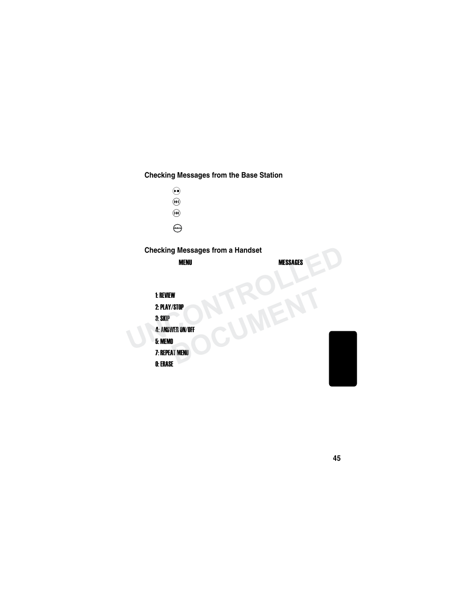 Using the answering machine controls, Checking messages from the base station, Checking messages from a handset | Uncontrolled document | Motorola MD780 Series User Manual | Page 60 / 71
