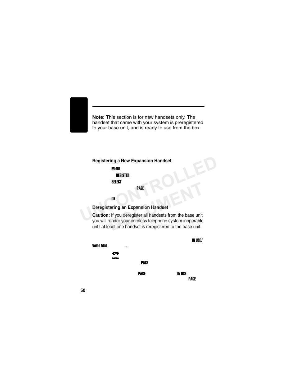 New expansion handsets, Registering a new expansion handset, Deregistering an expansion handset | Uncontrolled document | Motorola MD780 Series User Manual | Page 65 / 71