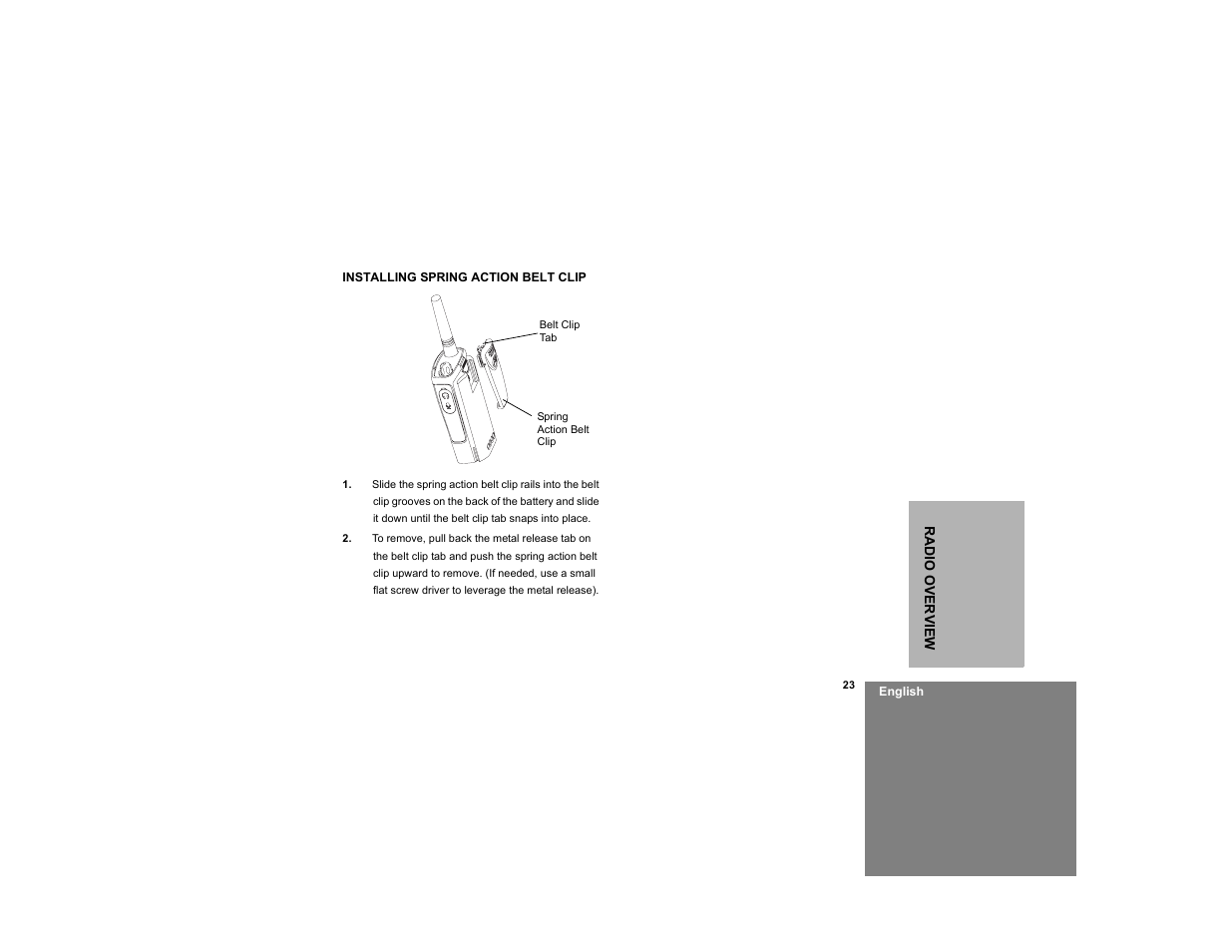 Installing spring action belt clip | Motorola RDM2020 User Manual | Page 31 / 78