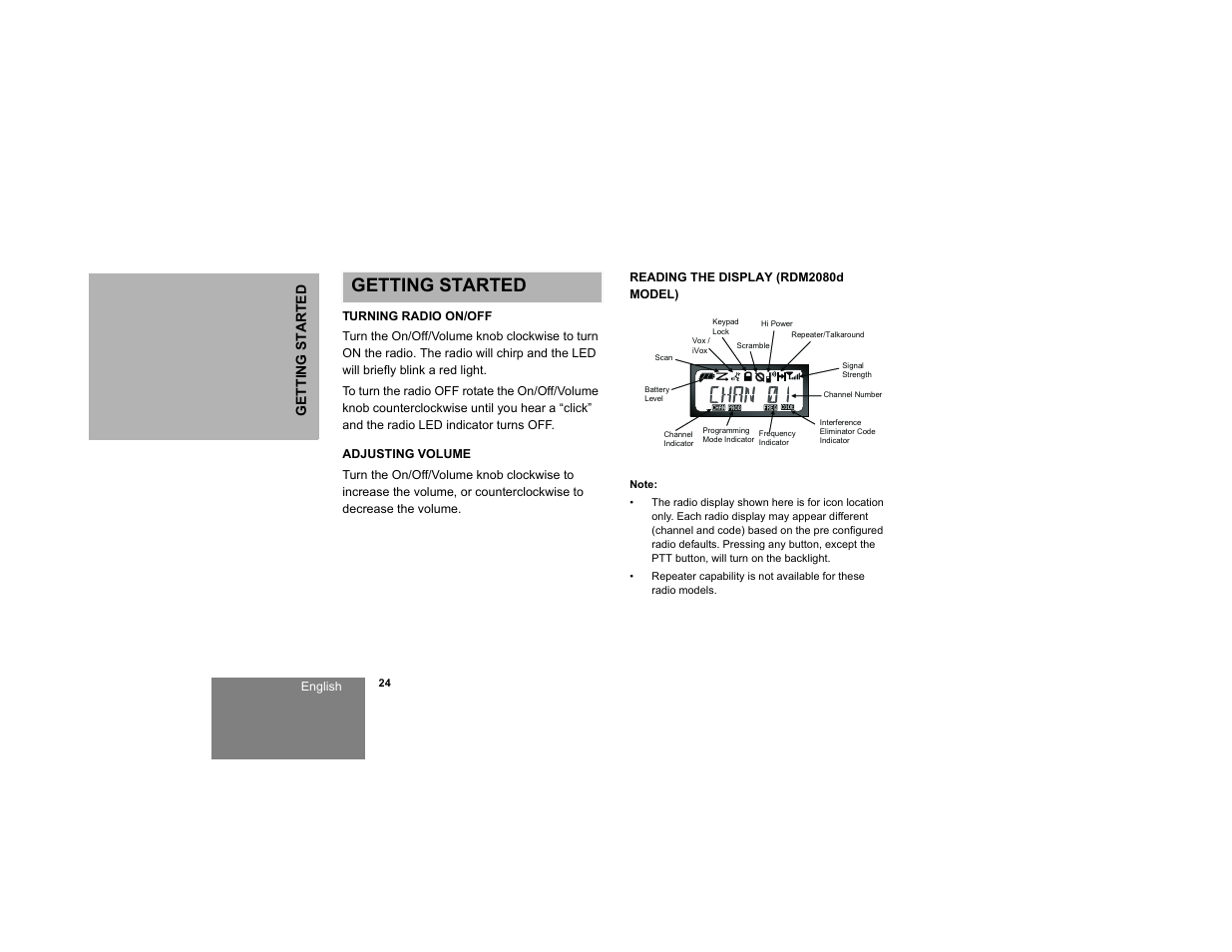 Getting started, Turning radio on/off, Adjusting volume | Reading the display (rdm2080d model) | Motorola RDM2020 User Manual | Page 32 / 78