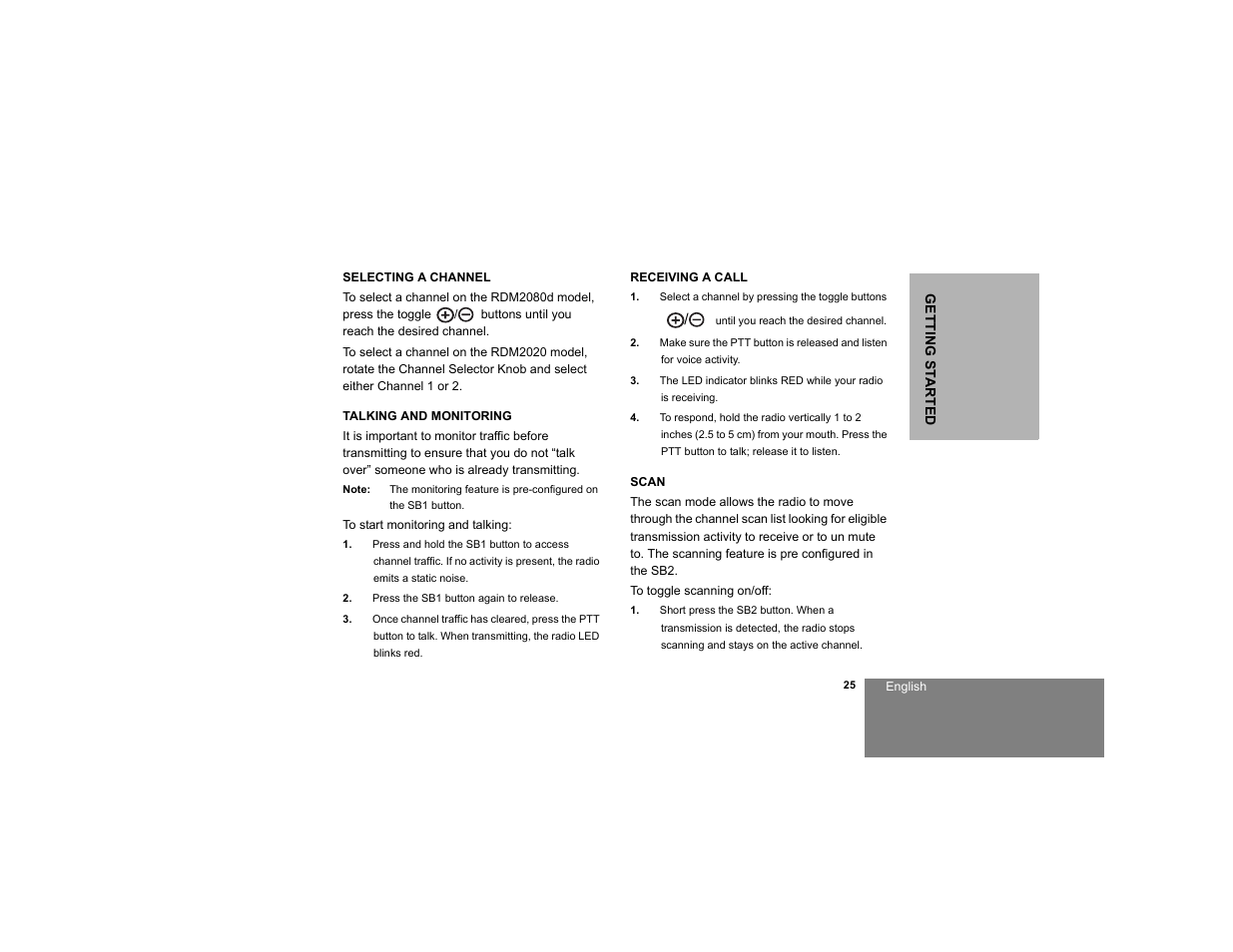 Selecting a channel, Talking and monitoring, Receiving a call | Scan | Motorola RDM2020 User Manual | Page 33 / 78