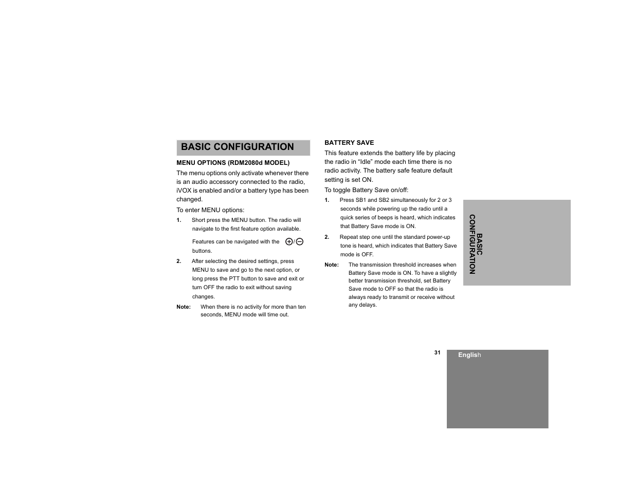 Basic configuration, Menu options (rdm2080d model), Battery save | Motorola RDM2020 User Manual | Page 39 / 78