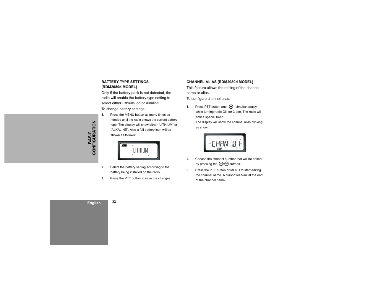 Battery type settings (rdm2080d model), Channel alias (rdm2080d model), Lithium | Motorola RDM2020 User Manual | Page 40 / 78