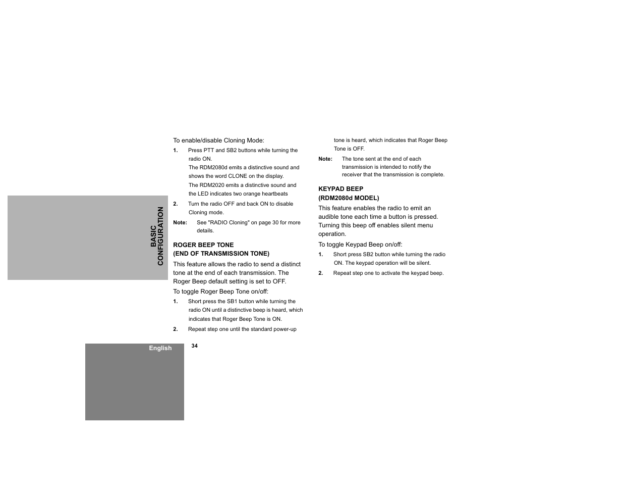 Roger beep tone (end of transmission tone), Keypad beep (rdm2080d model) | Motorola RDM2020 User Manual | Page 42 / 78