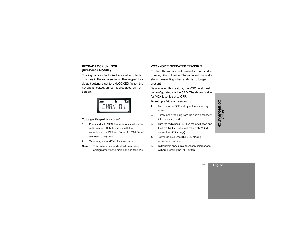 Keypad lock/unlock (rdm2080d model), Vox - voice operated transmit | Motorola RDM2020 User Manual | Page 43 / 78