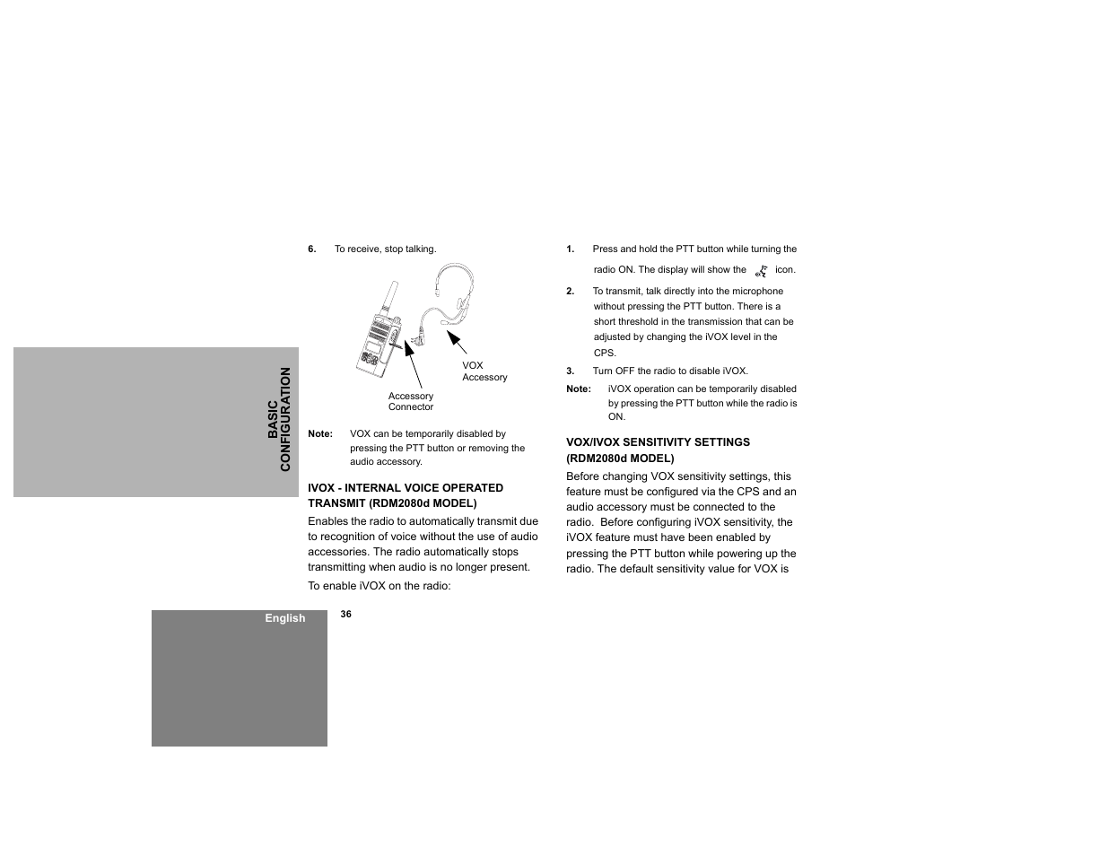 Vox/ivox sensitivity settings (rdm2080d model) | Motorola RDM2020 User Manual | Page 44 / 78