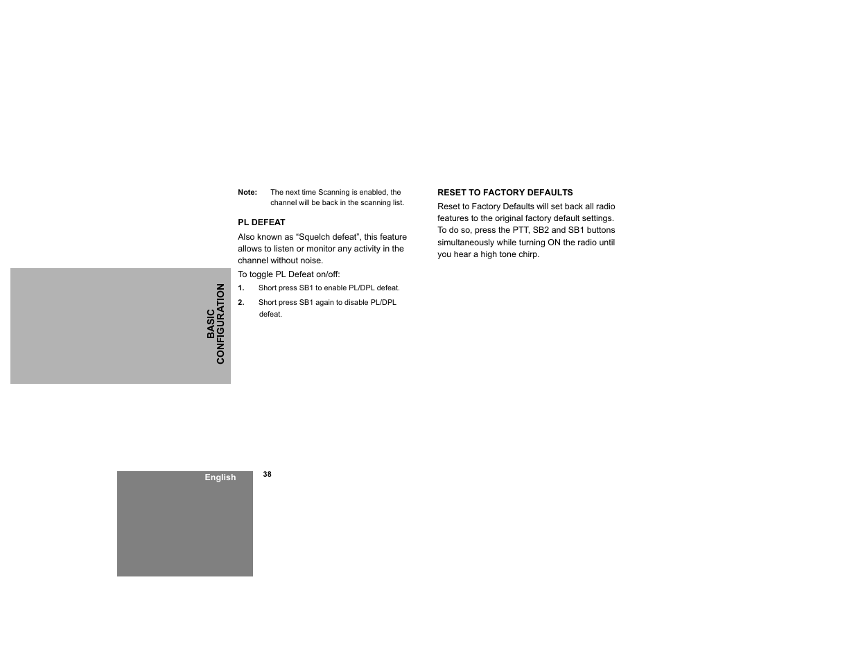 Pl defeat, Reset to factory defaults, Pl defeat reset to factory defaults | Motorola RDM2020 User Manual | Page 46 / 78