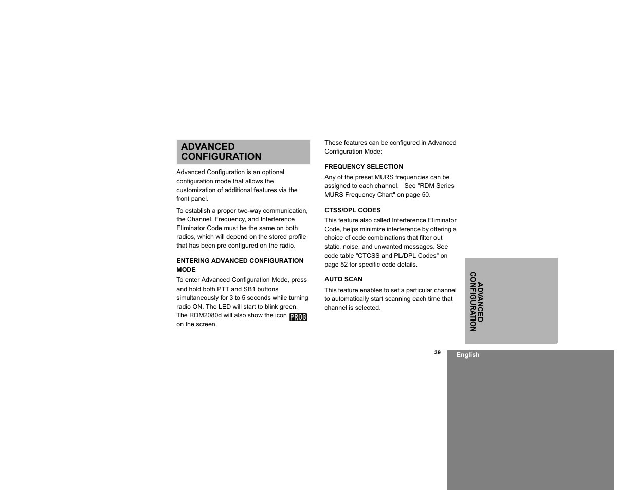 Advanced configuration, Entering advanced configuration mode, Frequency selection | Ctss/dpl codes, Auto scan, Frequency selection ctss/dpl codes auto scan | Motorola RDM2020 User Manual | Page 47 / 78