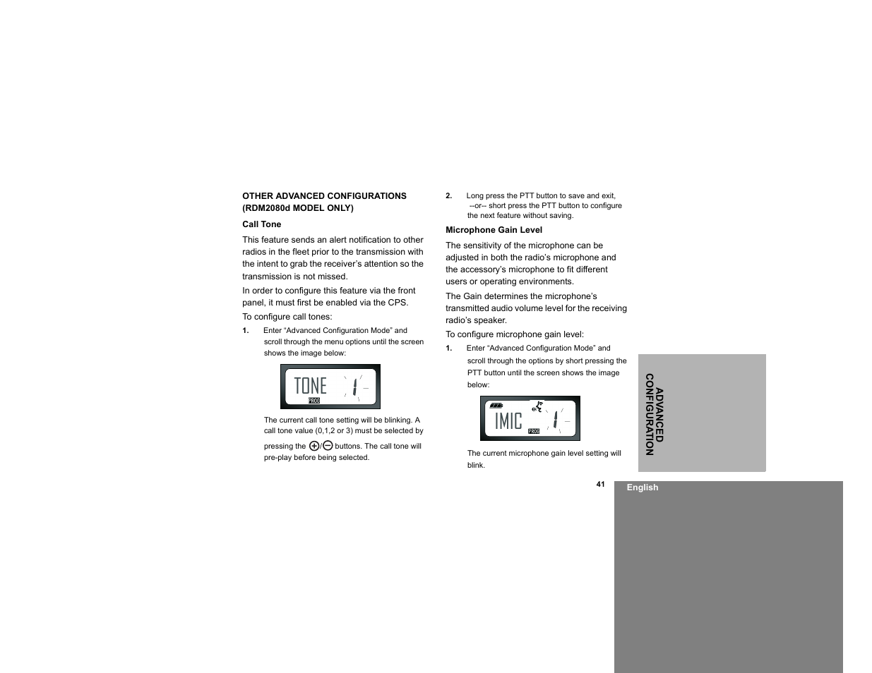 Other advanced configurations (rdm2080d model), Call tone microphone gain level, Tone | Imic | Motorola RDM2020 User Manual | Page 49 / 78