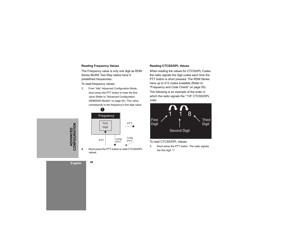 Reading frequency values reading ctcss/dpl values | Motorola RDM2020 User Manual | Page 54 / 78