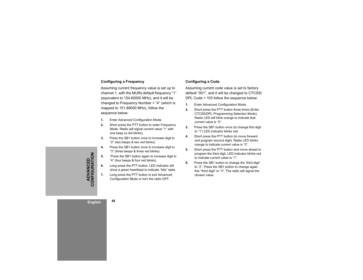 Configuring a frequency configuring a code | Motorola RDM2020 User Manual | Page 56 / 78