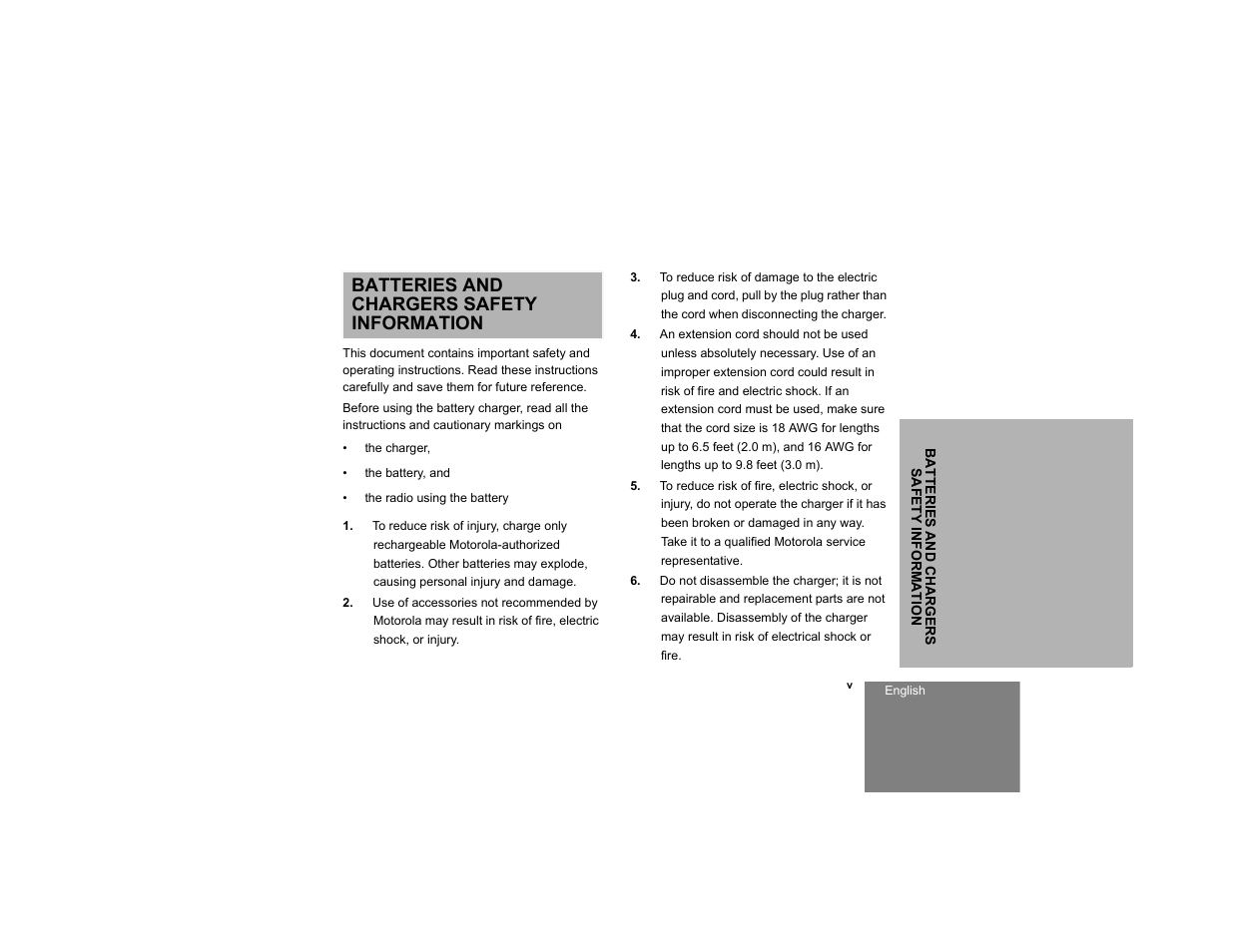 Batteries and chargers safety information | Motorola RDM2020 User Manual | Page 7 / 78