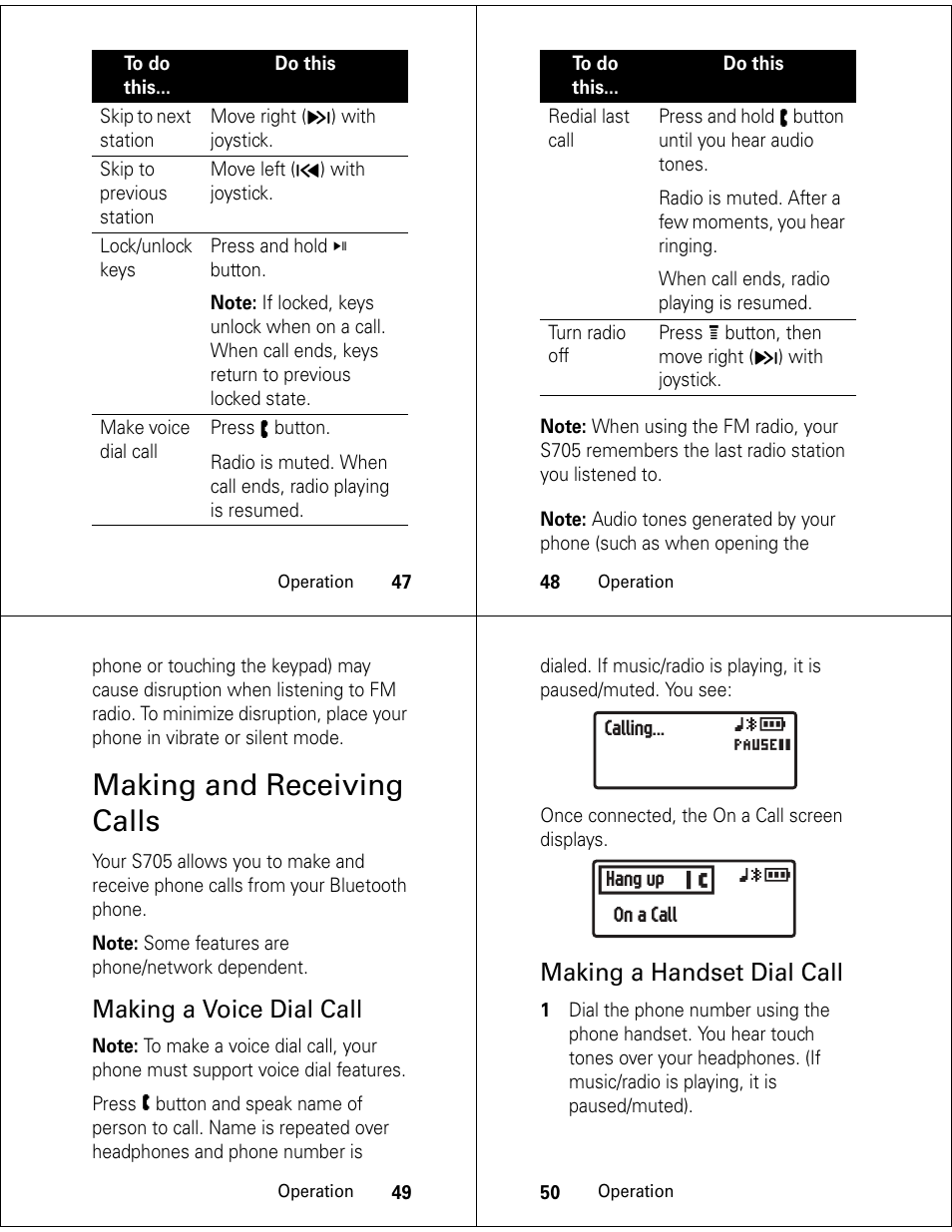 Making and receiving calls, Making a voice dial call, Making a handset dial call | Motorola S705 User Manual | Page 13 / 24