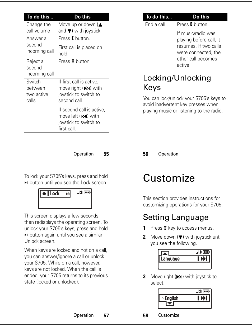 Customize, Locking/unlocking keys, Setting language | Motorola S705 User Manual | Page 15 / 24