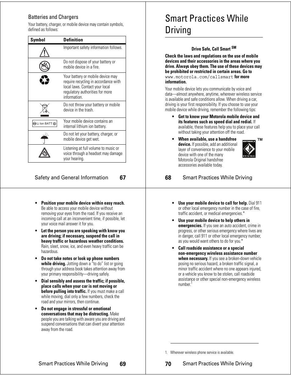 Smart practices while driving, 67 batteries and chargers | Motorola S705 User Manual | Page 18 / 24