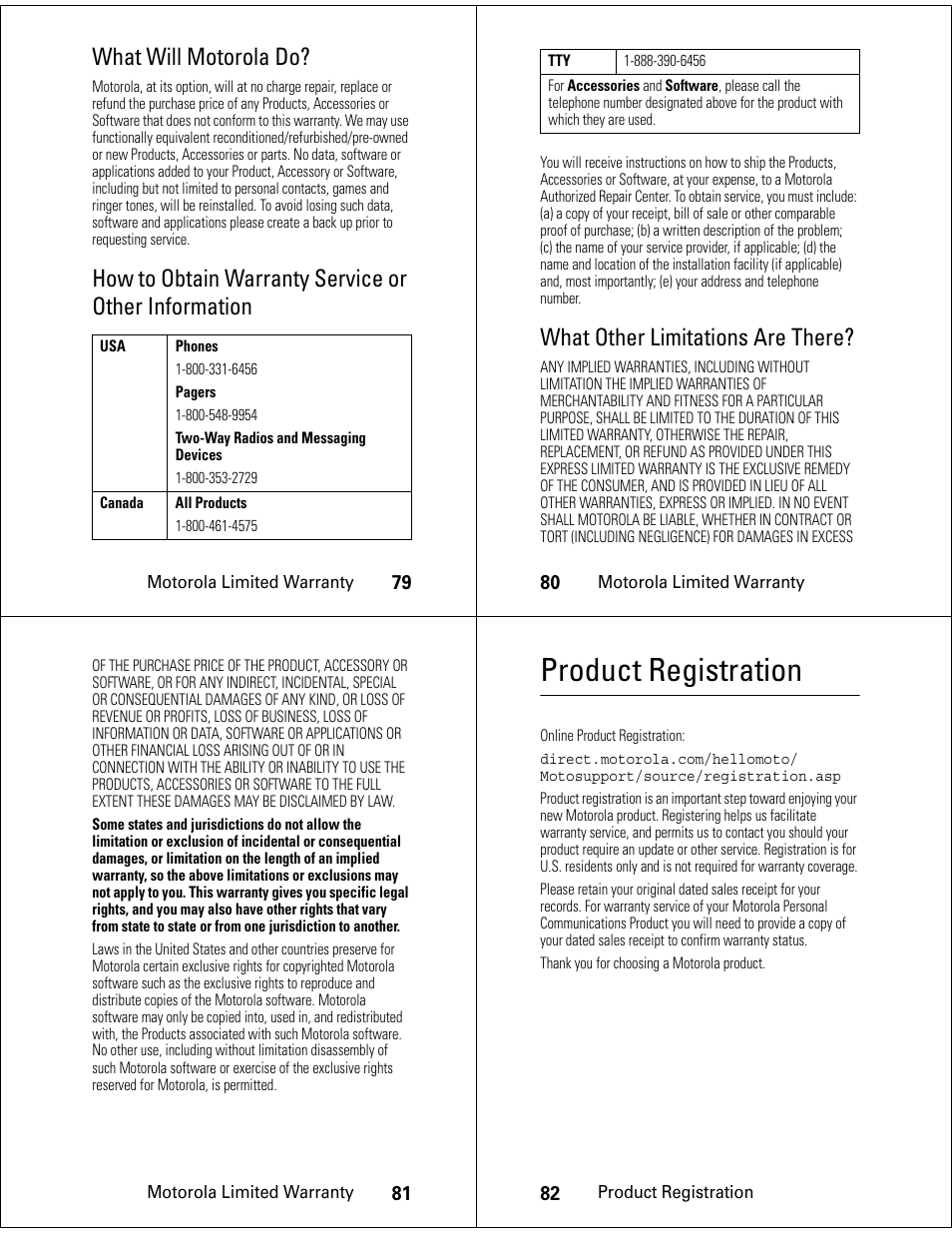Product registration, What will motorola do, What other limitations are there | Motorola S705 User Manual | Page 21 / 24