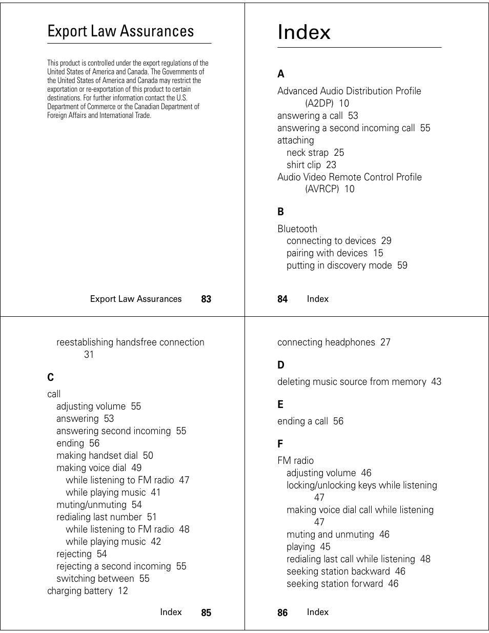 Index, Export law assurances | Motorola S705 User Manual | Page 22 / 24