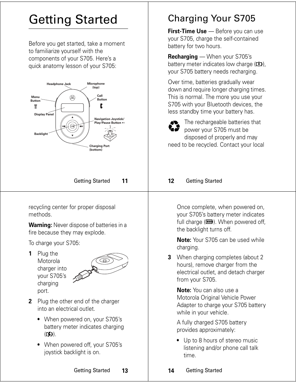 Getting started, Charging your s705 | Motorola S705 User Manual | Page 4 / 24