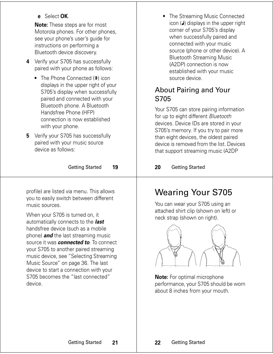Wearing your s705, About pairing and your s705 | Motorola S705 User Manual | Page 6 / 24