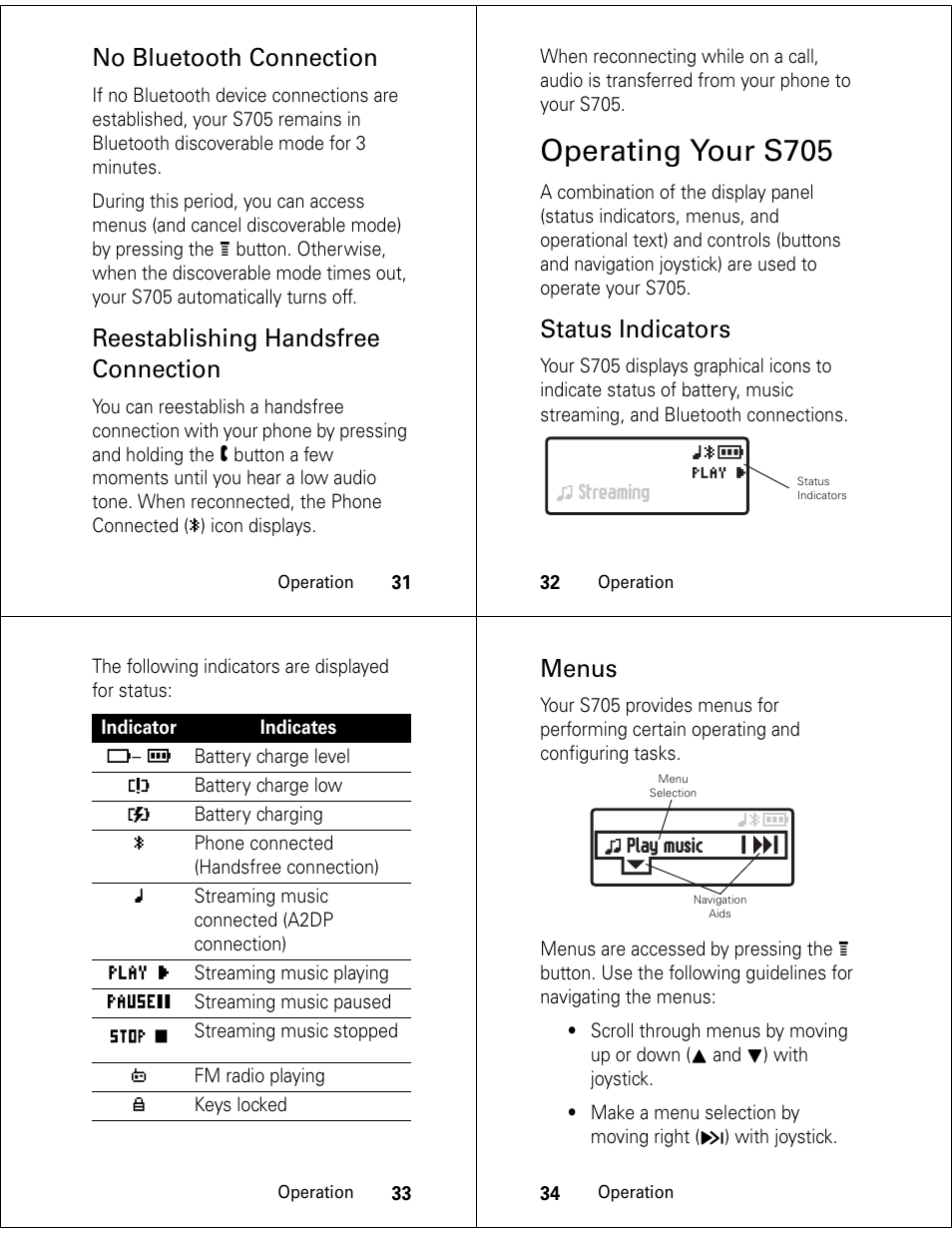 Operating your s705, No bluetooth connection, Reestablishing handsfree connection | Status indicators, Menus | Motorola S705 User Manual | Page 9 / 24