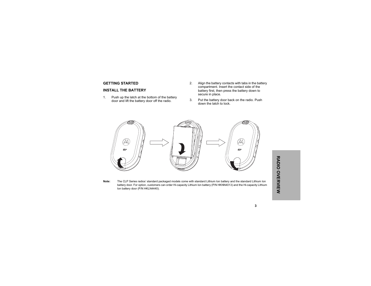 Getting started install the battery | Motorola CLP1040 User Manual | Page 11 / 56