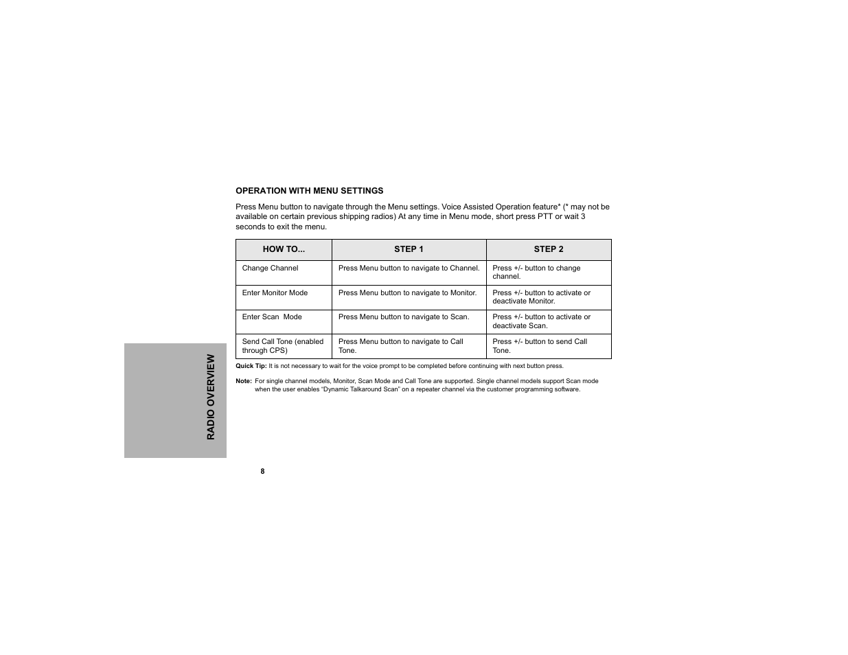 Operation with menu settings | Motorola CLP1040 User Manual | Page 16 / 56