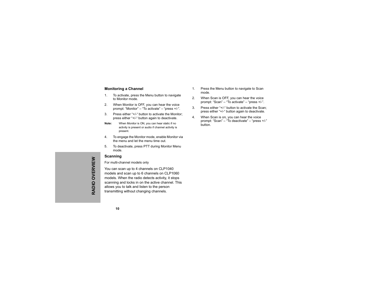 Monitoring a channel scanning | Motorola CLP1040 User Manual | Page 18 / 56