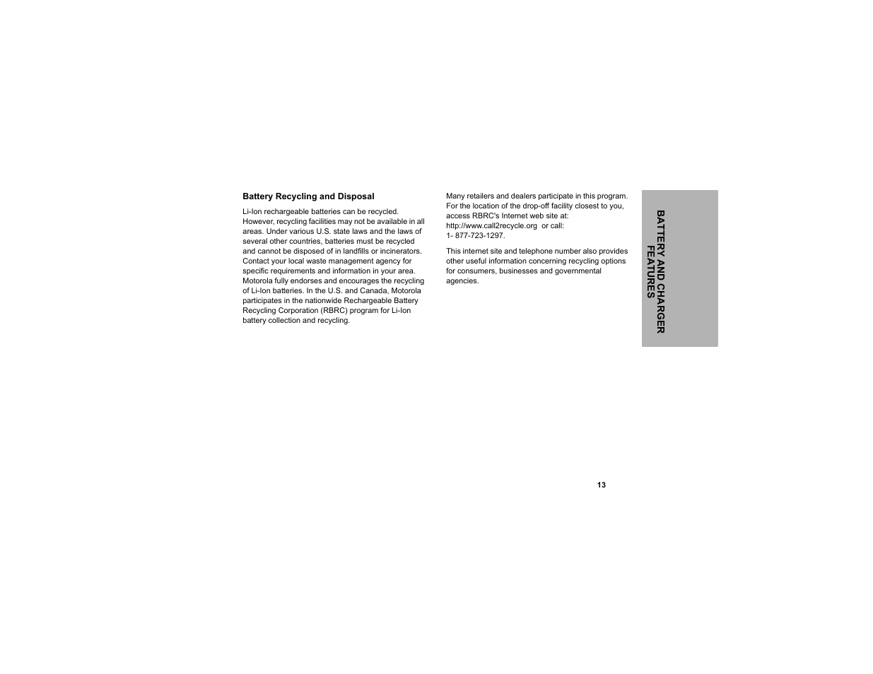 Battery recycling and disposal | Motorola CLP1040 User Manual | Page 21 / 56